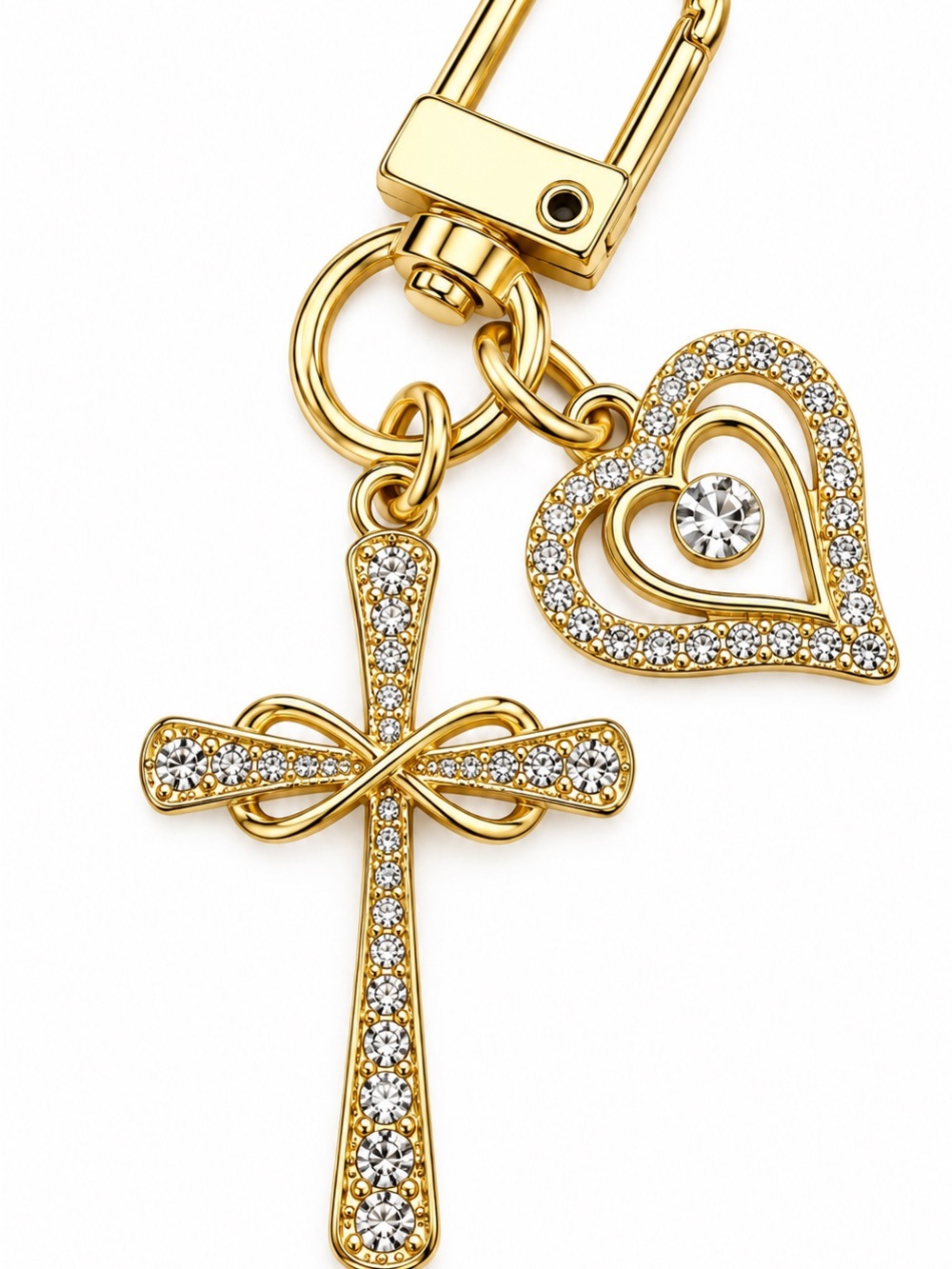 Gold Crystal Cross & Heart Pendant Necklace - Sparkling Gold Tone